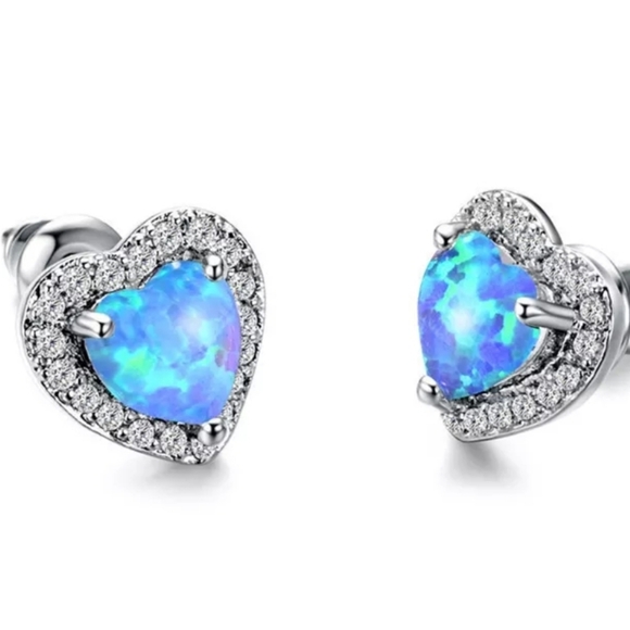 Dainty Simulated Blue Opal Earrings set in Silver Overlay Adorned with Zirconia - Picture 1 of 5